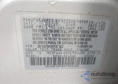 2017 Nissan Sentra Sv z USA, uszkodzony, nr VIN 3N1AB7AP3HY341402